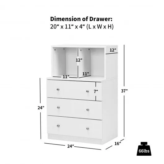 3 Drawer Dresser with Cubbies Storage Chest for Bedroom Living Room-White