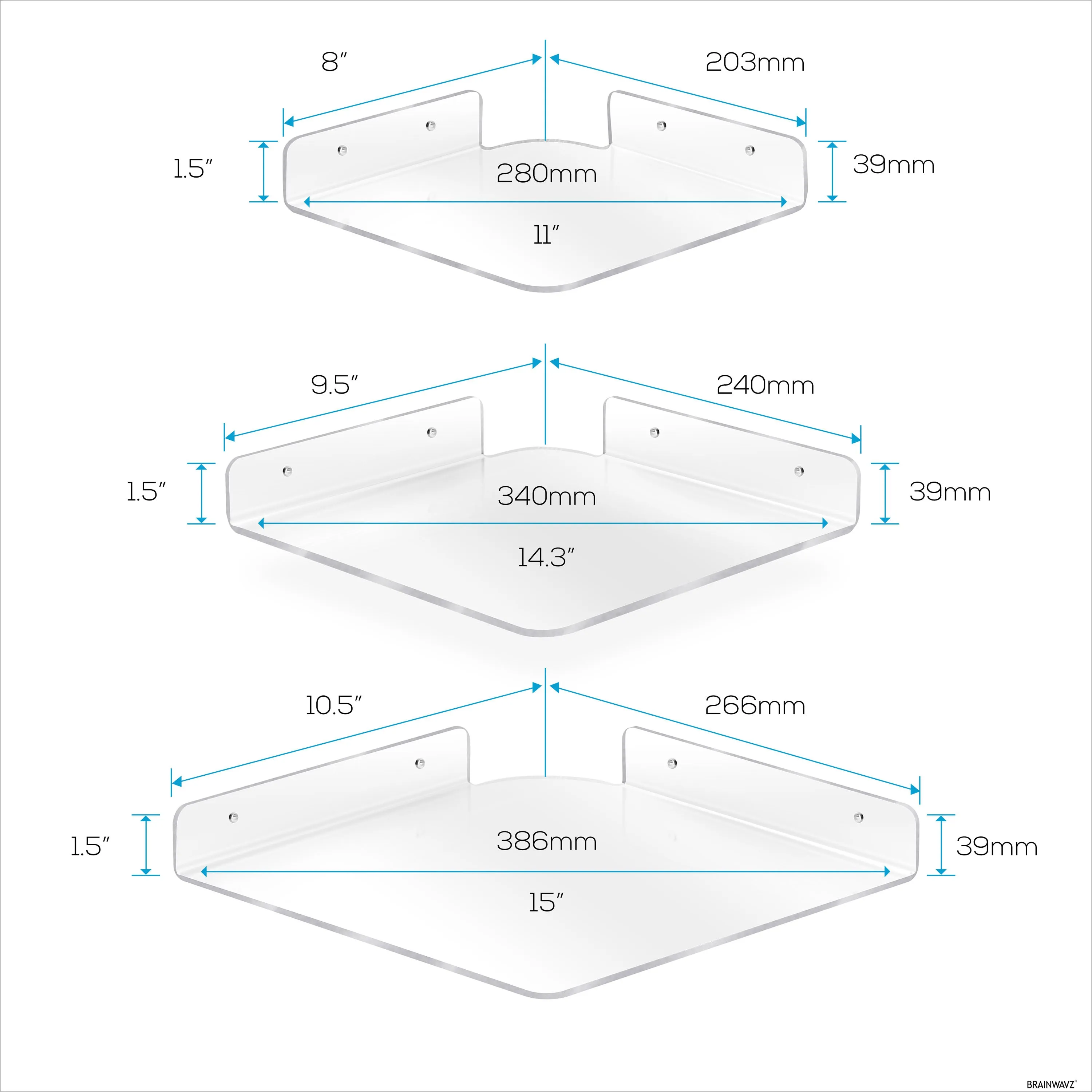 3-Pack Mixed Size Corner Shelf (8” 9.5” & 10”) for Speakers, Books, Decor, Plants, Cameras, Photos, Kitchen, Bathroom, Routers & More Universal Small Holder Acrylic Wall Shelves