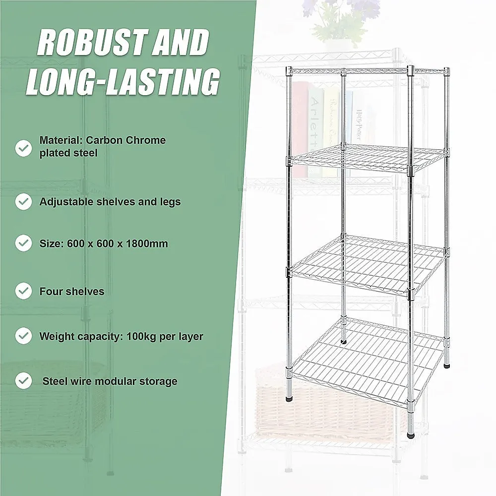 Adjustable Steel Wire Storage Shelf, 600x600x1800mm, 4 Shelves