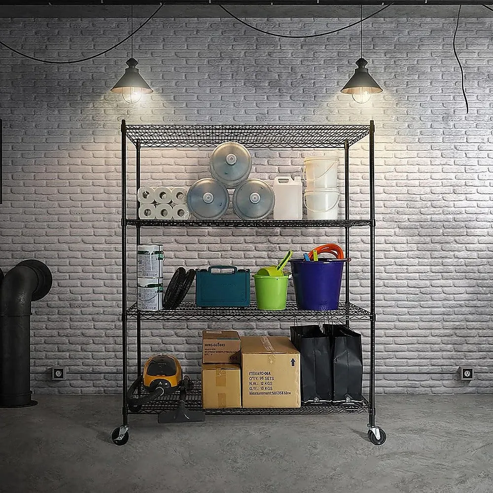 Adjustable Steel Wire Storage Shelving Unit with Wheels (1500 x 600 x 1800mm, 4 Shelves)