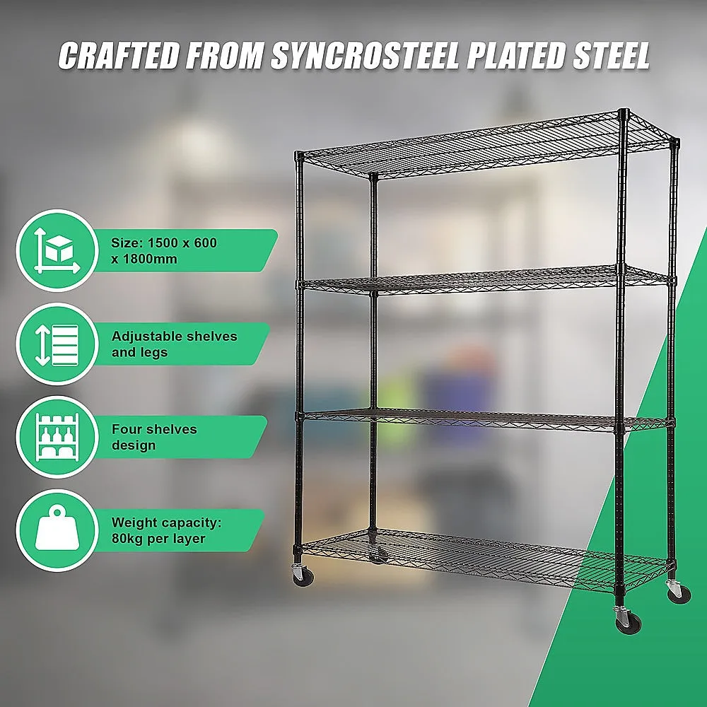 Adjustable Steel Wire Storage Shelving Unit with Wheels (1500 x 600 x 1800mm, 4 Shelves)