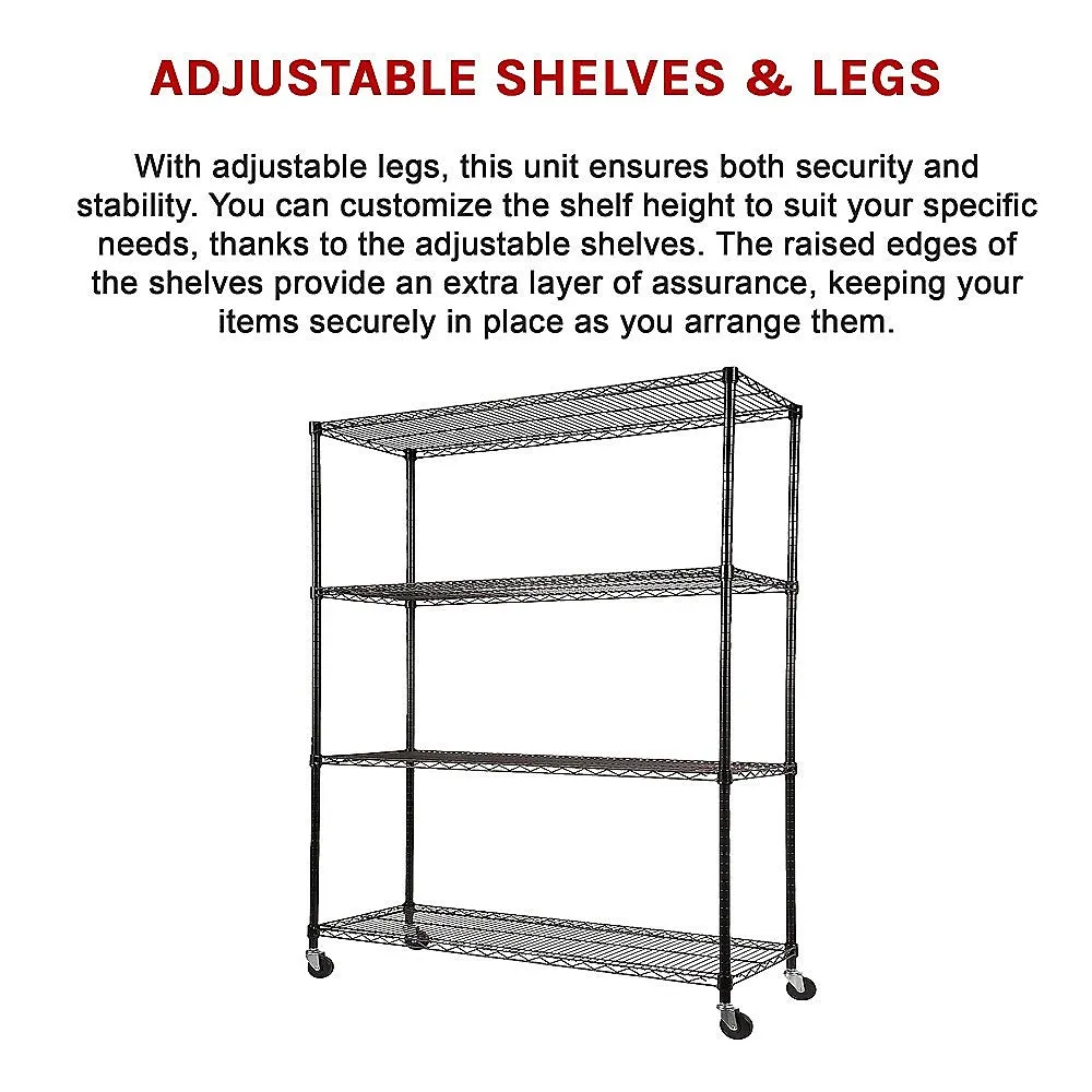 Adjustable Steel Wire Storage Shelving Unit with Wheels (1500 x 600 x 1800mm, 4 Shelves)