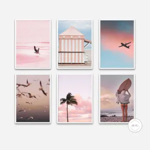 Airy Pink Coastal Gallery Wall Set Of 6 PRINTABLE ART, Pastel Beach Print, Coastal Print Set, Palm Print, Surfer Girl Print, Beach Scene