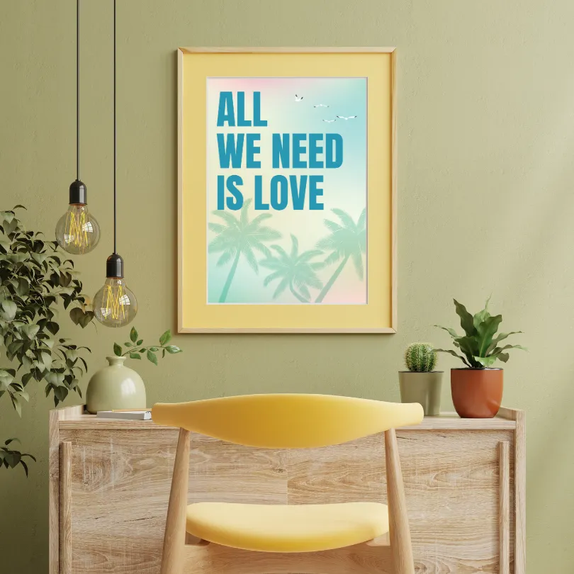 All We Need Is Love Pastel Tropical Wall Art PRINTABLE ART, Danish Pastel Decor, Coastal Decor, Typography Poster, Endless Summer Posters, Palm Trees