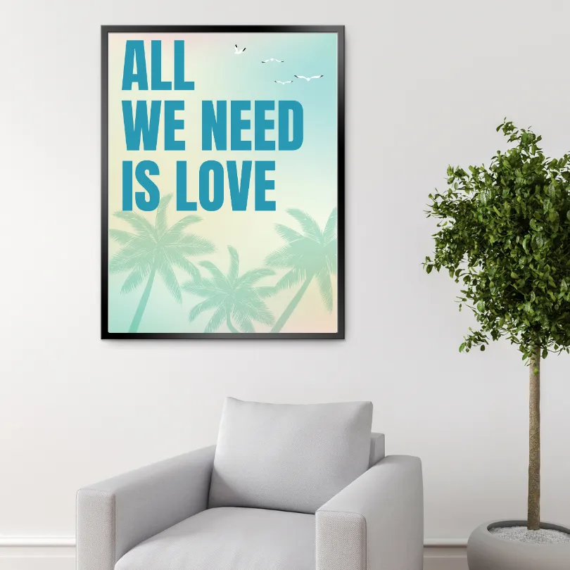 All We Need Is Love Pastel Tropical Wall Art PRINTABLE ART, Danish Pastel Decor, Coastal Decor, Typography Poster, Endless Summer Posters, Palm Trees