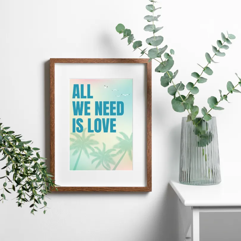 All We Need Is Love Pastel Tropical Wall Art PRINTABLE ART, Danish Pastel Decor, Coastal Decor, Typography Poster, Endless Summer Posters, Palm Trees