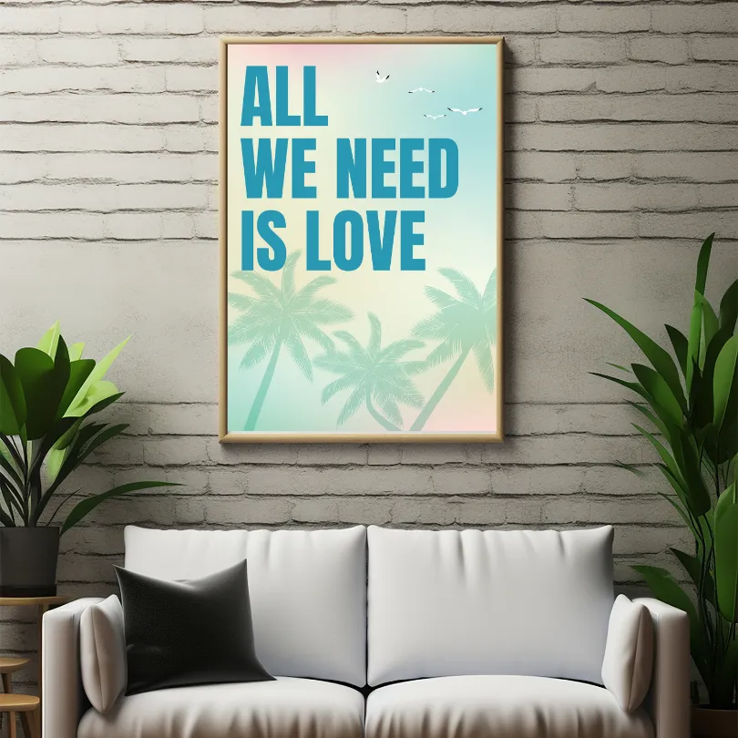 All We Need Is Love Pastel Tropical Wall Art PRINTABLE ART, Danish Pastel Decor, Coastal Decor, Typography Poster, Endless Summer Posters, Palm Trees