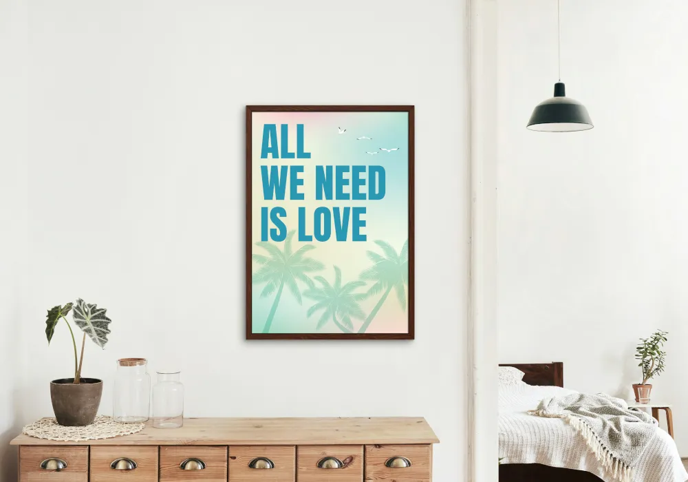 All We Need Is Love Pastel Tropical Wall Art PRINTABLE ART, Danish Pastel Decor, Coastal Decor, Typography Poster, Endless Summer Posters, Palm Trees