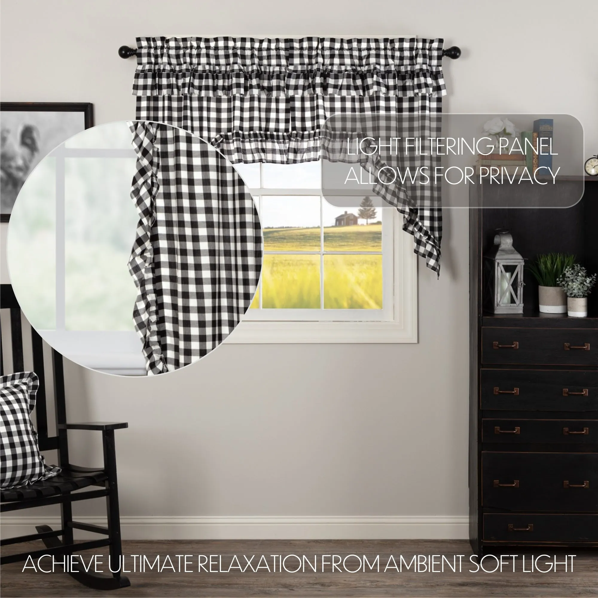 Annie Buffalo Black Check Ruffled Swag Set of 2 36x36x16