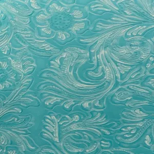 Aqua Blue Western Floral PU Faux Leather Vinyl Fabric