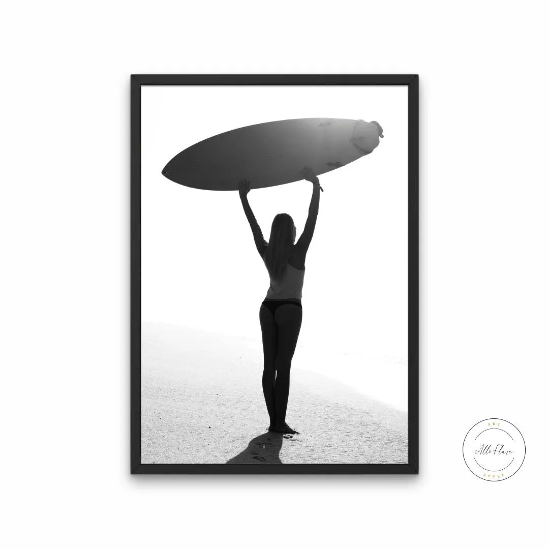 Black & White Surfer Girl Poster INSTANT DOWNLOAD Art Print, Surfer Room Decor, Surfer Girl Print, Groovy Poster, Beach House Poster, Surfer Wall Art