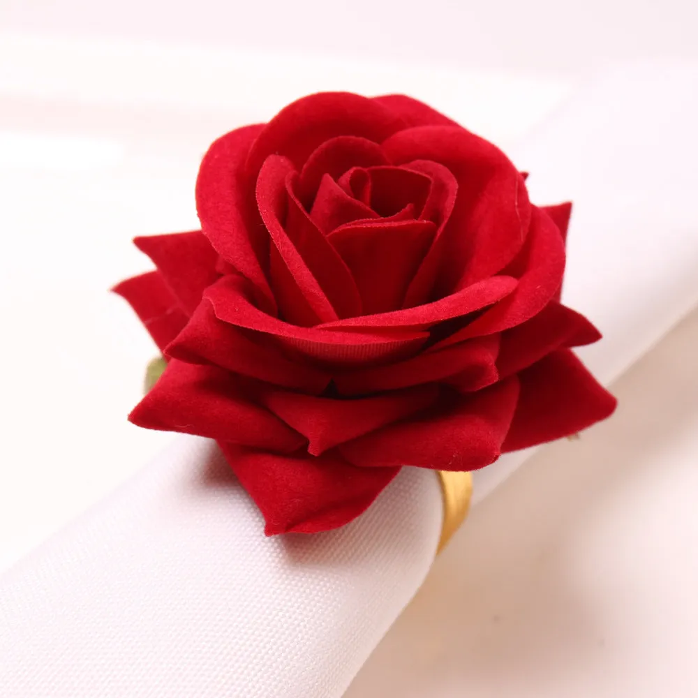 Bulk Set of 6pcs Artificial Rose Napkin Rings with Gold Metal Holder Wholesale