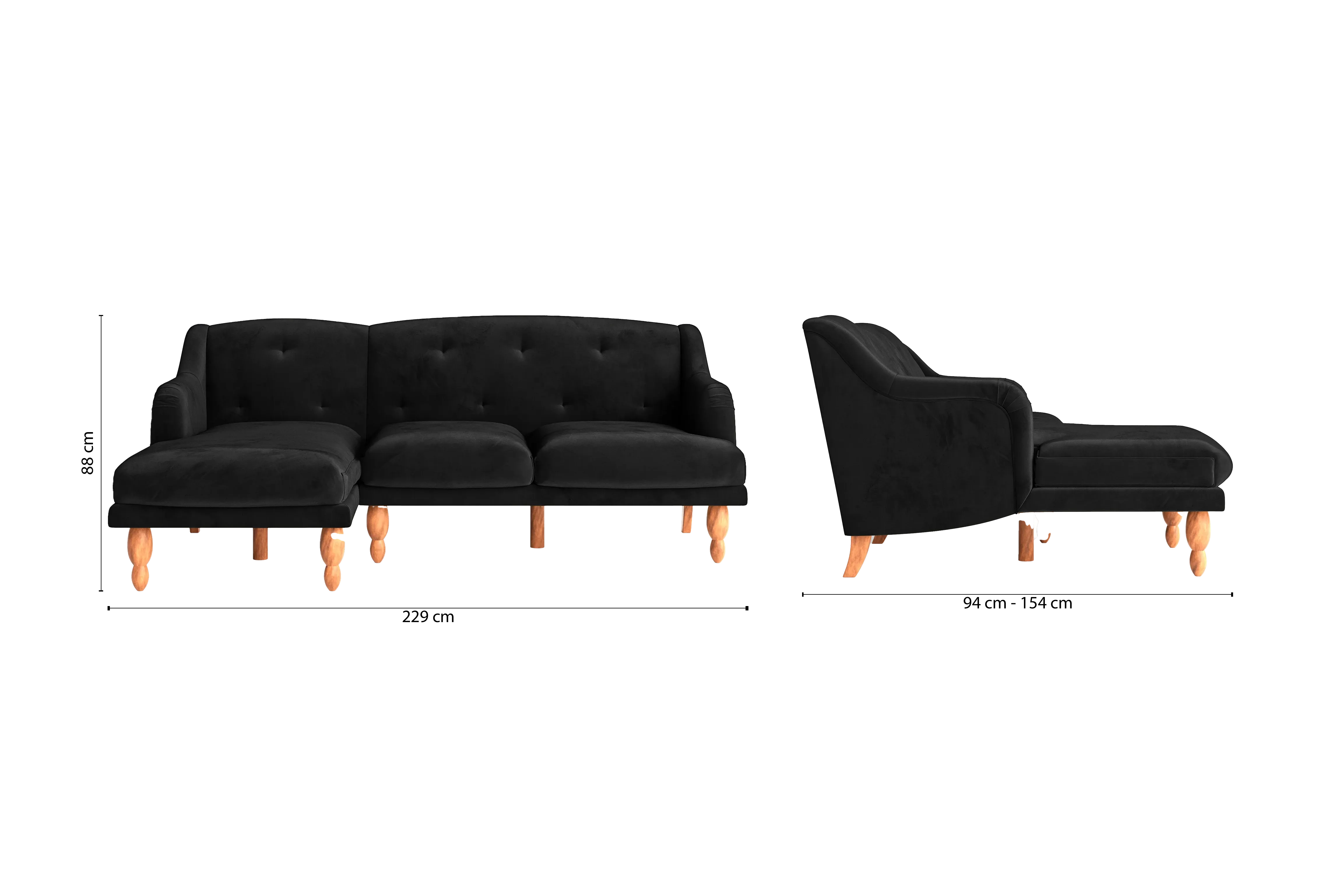 Burlington 3 Seater Left Hand Facing Chaise Lounge Corner Sofa Black Velvet