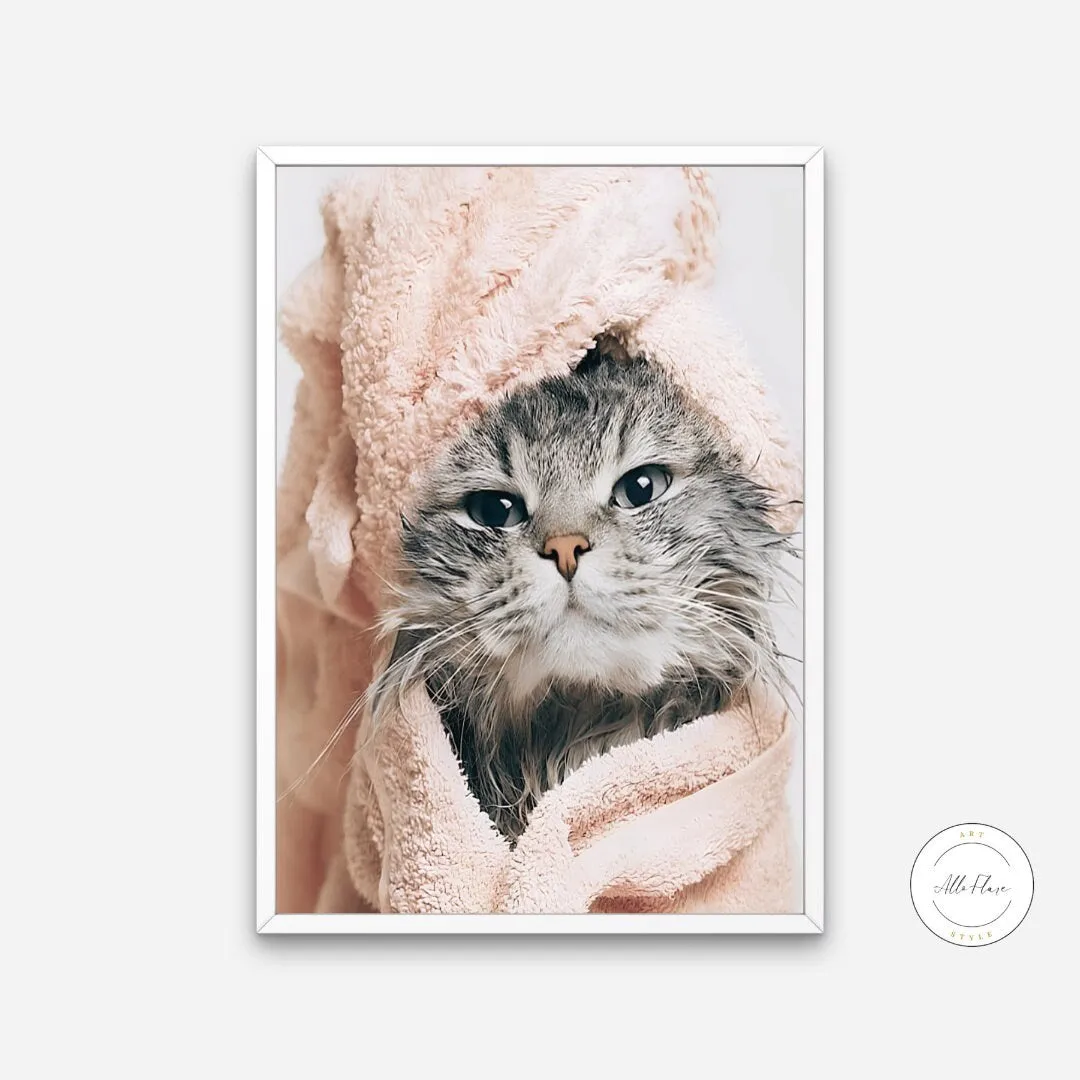 Cat In Robe Poster PRINTABLE WALL ART, Funny Cat Poster, Fashion Poster, Blush Pink Wall Art, Glam Bathroom Wall Art, Cat Themed Gifts, Cat Lover