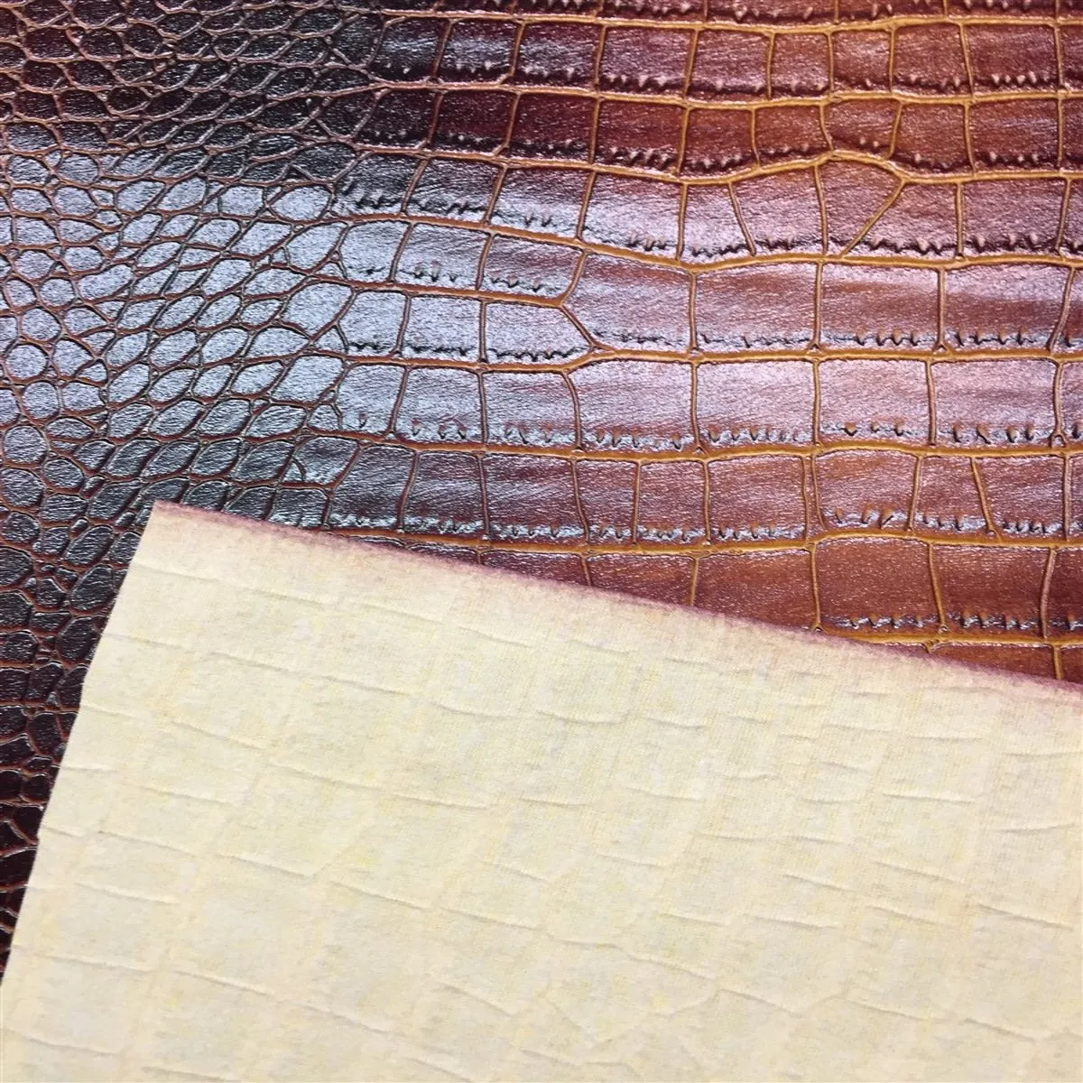 Dark Brown Gold Two Tone Embossed Crocodile Vinyl Fabric