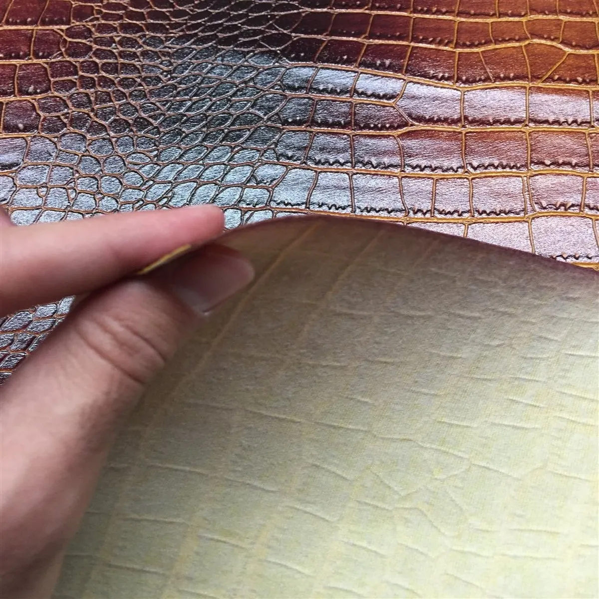 Dark Brown Gold Two Tone Embossed Crocodile Vinyl Fabric