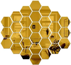 GG Decore Glass Hexagon 30 Mirror Stickers for Wall, Acrylic Mirror Wall Decor Sticker, Hexagonal Mirror Wall Sticker, Wall Mirror Stickers, Wall Stickers for Hall Room, Bed Room, Kitchen (Golden)