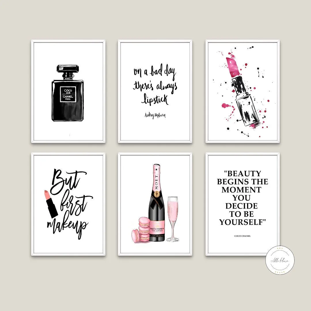 Glam Room Decor Set Of 6 PRINTABLE WALL ART, Makeup Wall Art, Designer Poster, Eyelash Makeup Decor, Makeup Quote, Glam Decor, Lipstick Champagne