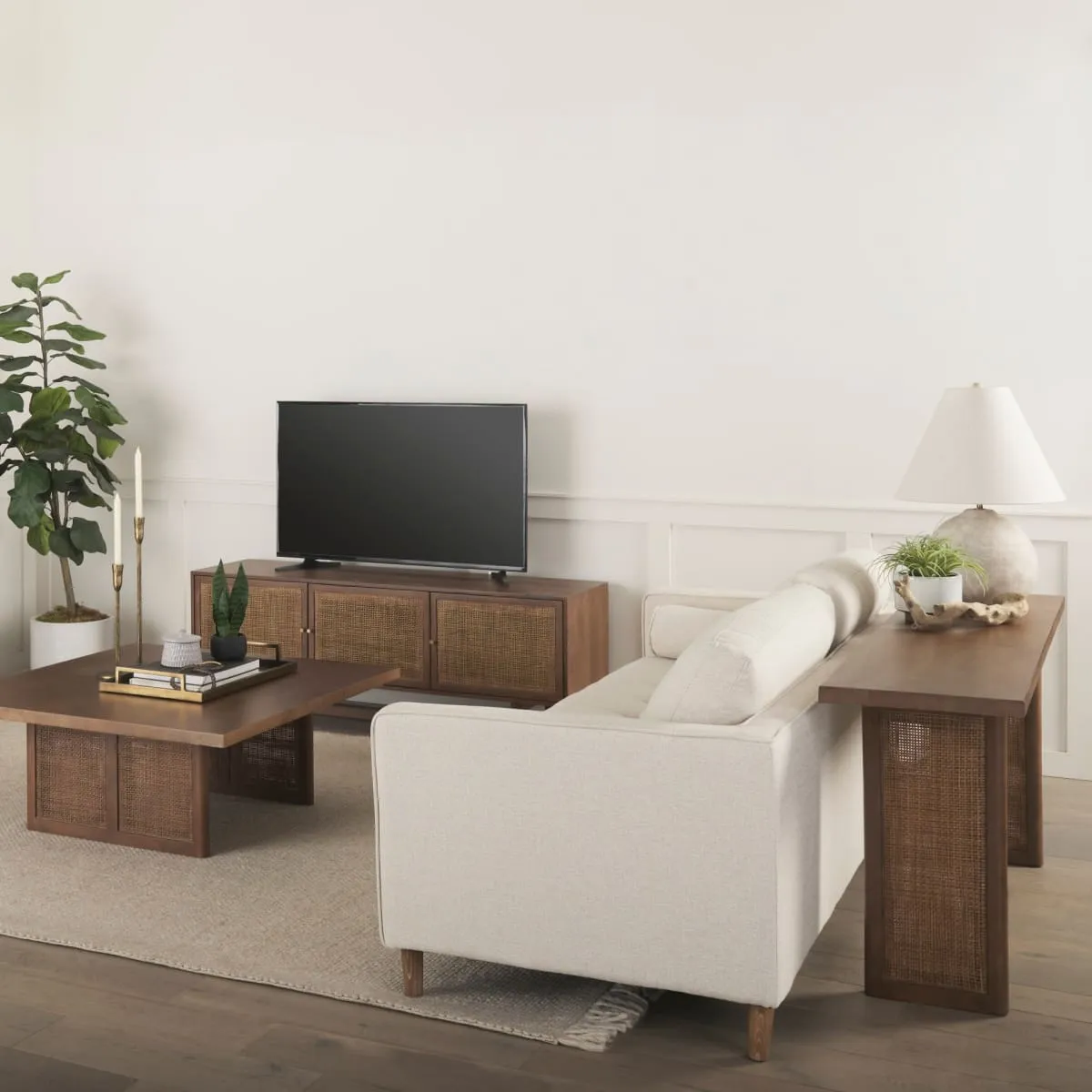 Grier Media Console Medium Brown Wood | Cane Accent