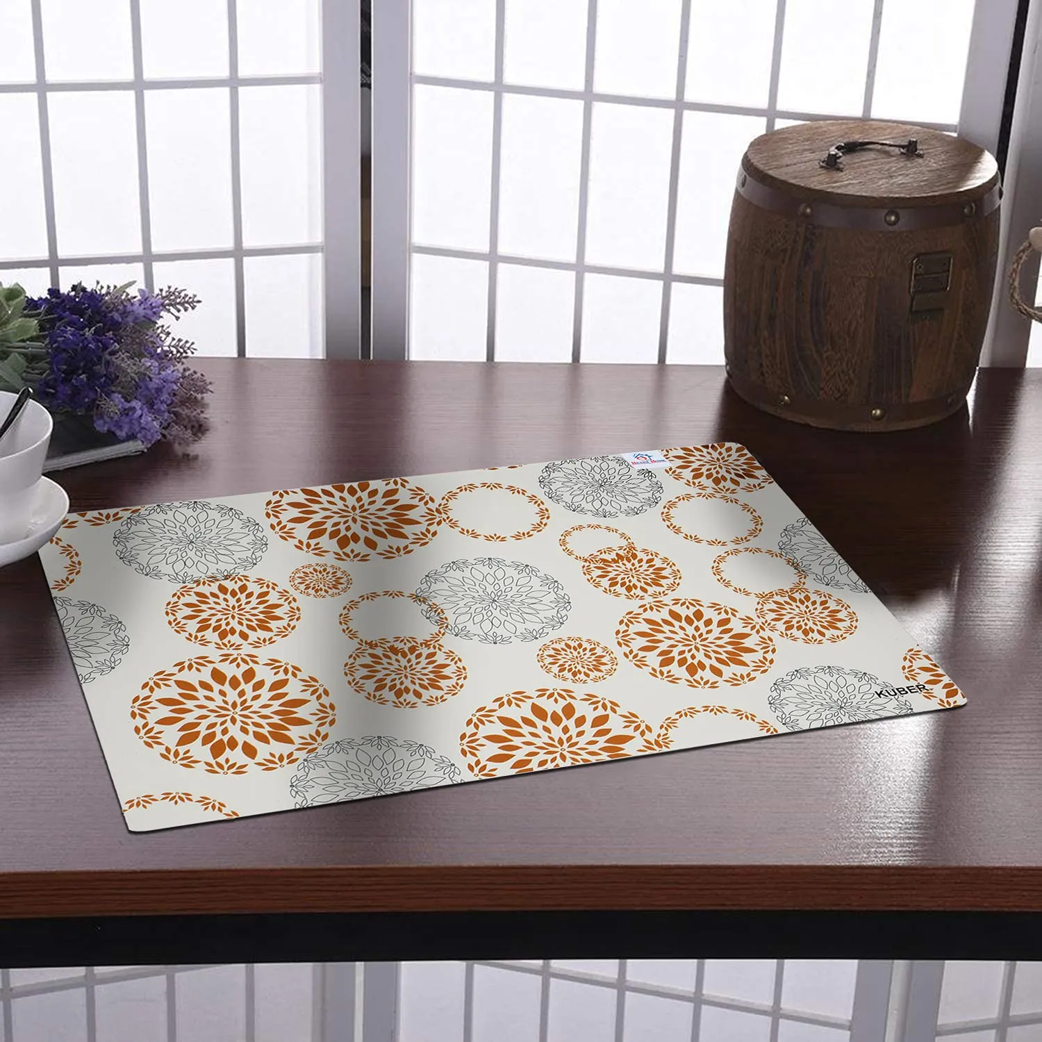 Heart Home PVC Washable Placemats|Non Slip Easy to Clean Wipeable|Rectangular Shape & Rangoli Print|Size 46 x 30 x 1 cm, Pack of 6 (White)-HS_37_HEARTH020138, Polyvinyl Chloride