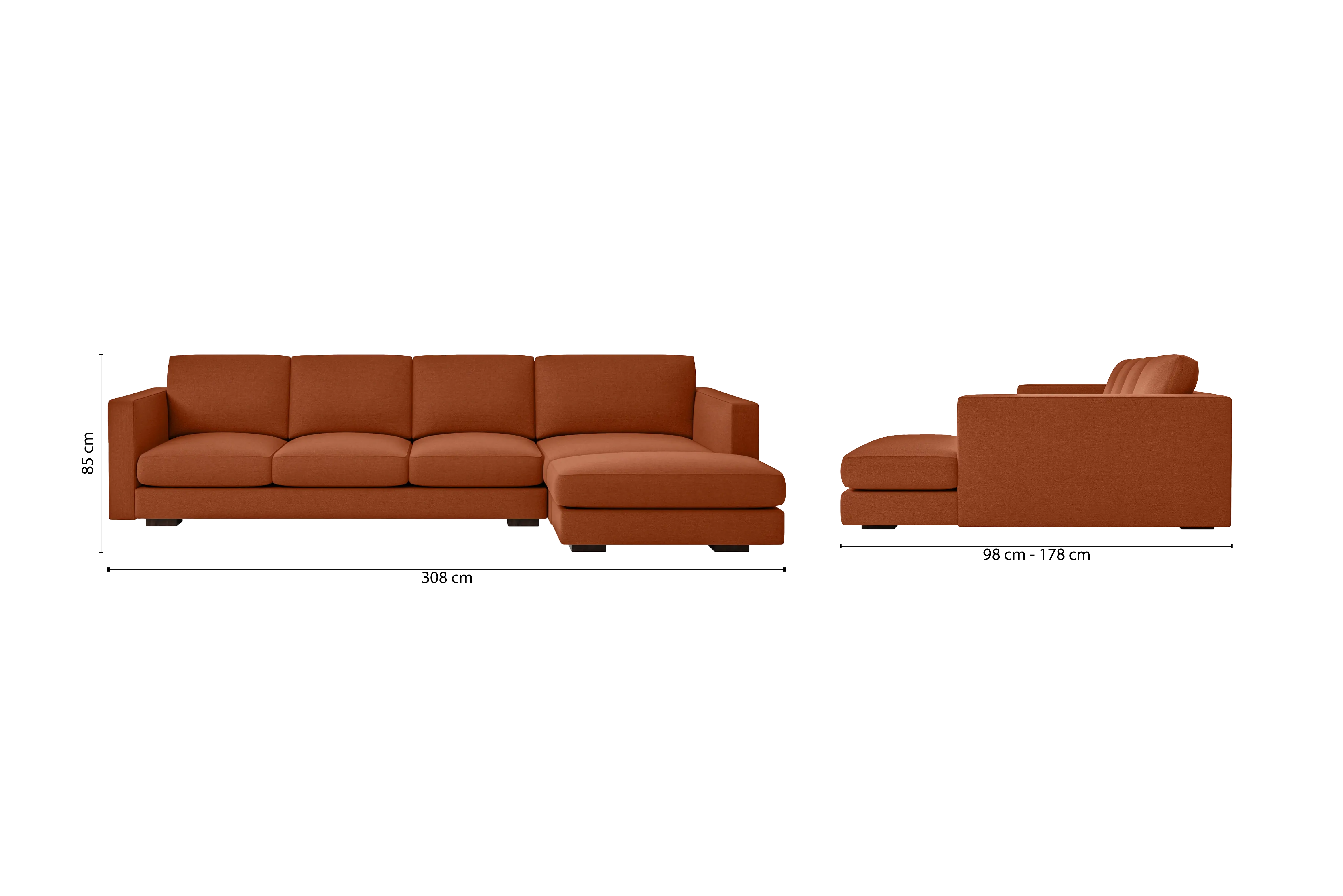 Messina 4 Seater Right Hand Facing Chaise Lounge Corner Sofa Orange Linen Fabric