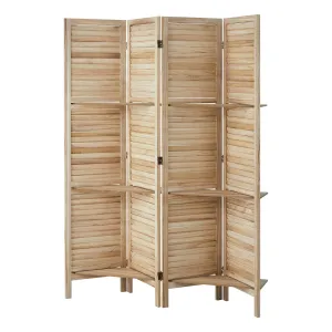 Oikiture 4 Panel Room Divider Privacy Screen With Shelves Timber Wooden Natural