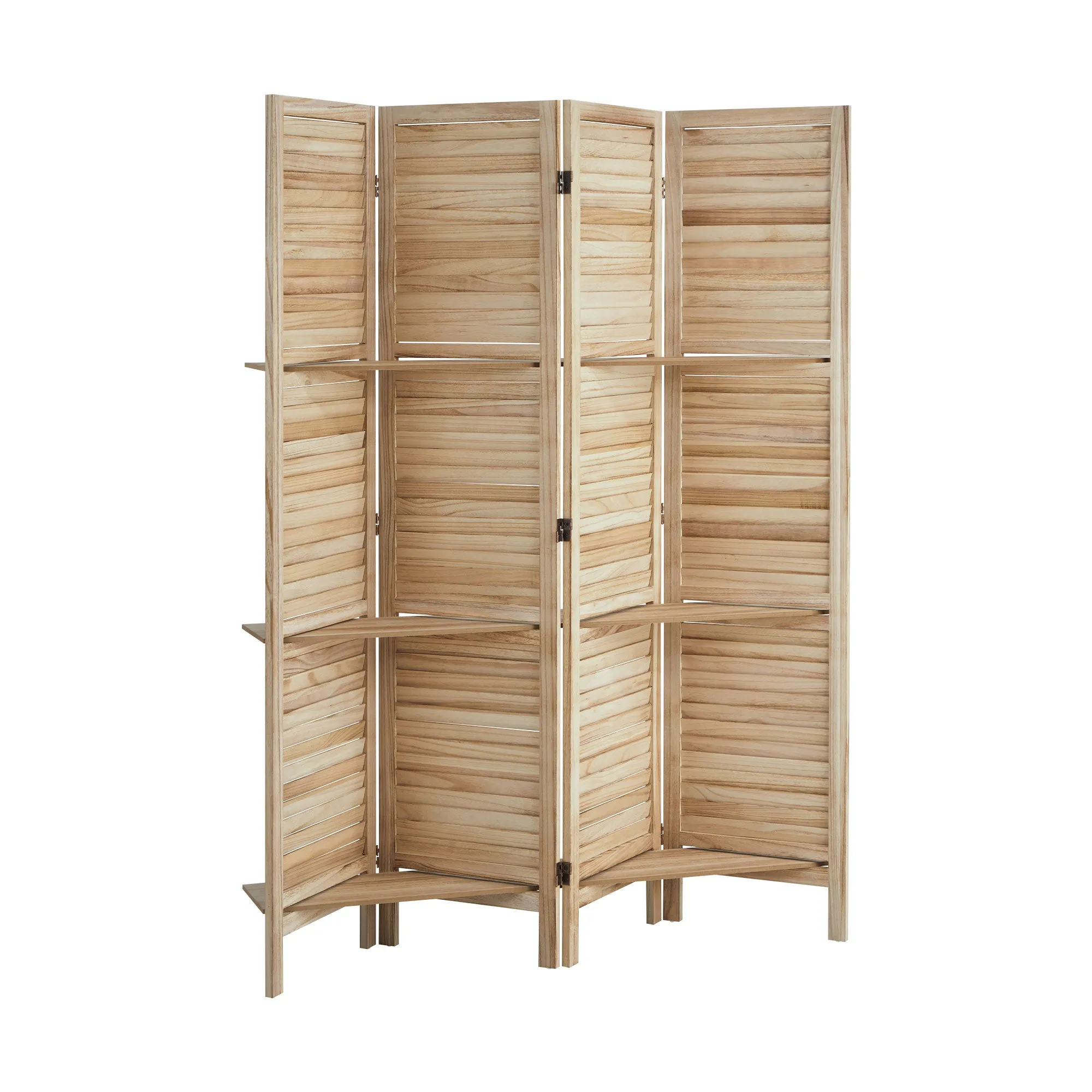 Oikiture 4 Panel Room Divider Privacy Screen With Shelves Timber Wooden Natural