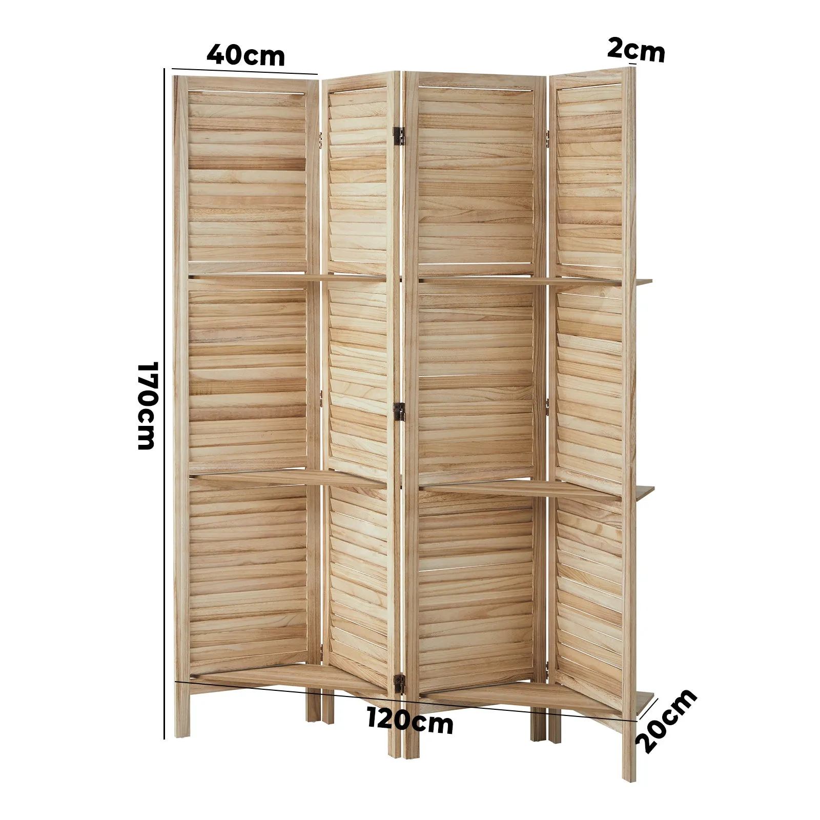 Oikiture 4 Panel Room Divider Privacy Screen With Shelves Timber Wooden Natural