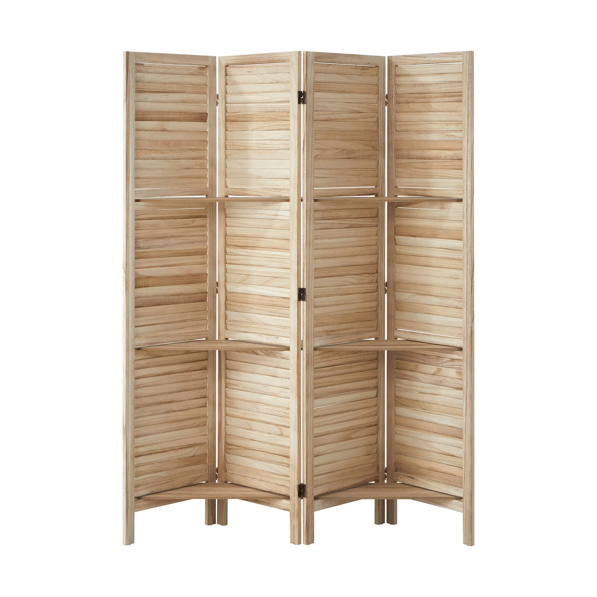 Oikiture 4 Panel Room Divider Privacy Screen With Shelves Timber Wooden Natural