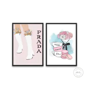 Pink Preppy Designer Illustration Set Of 2 INSTANT DOWNLOAD Art Prints, Designer Prints, Light Pink Wall Art, Glam Decor, Macaroons Flowers Cowboy Boots Print