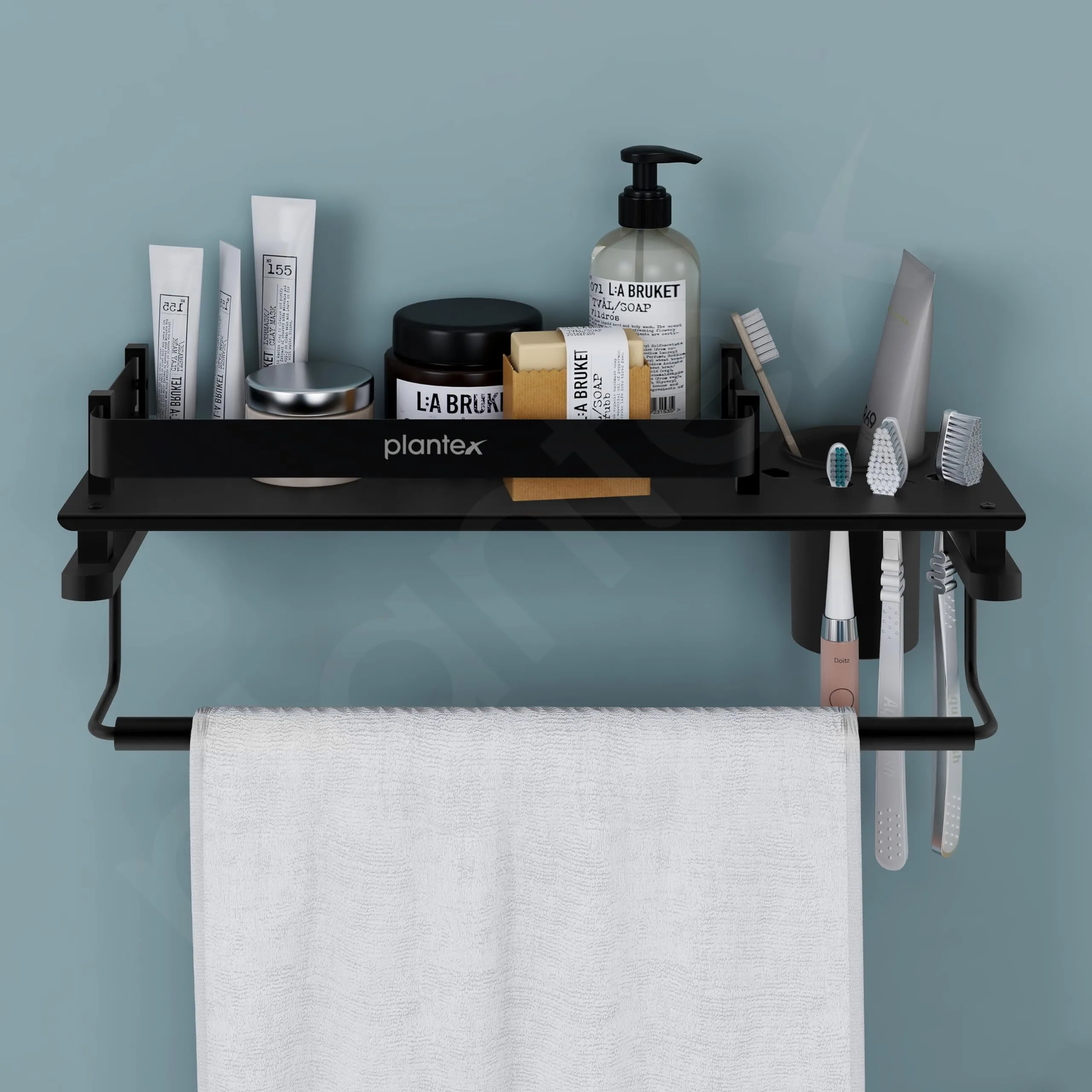 Plantex Stainless Steel Deluxe 3in1 Multipurpose Bathroom Shelf/Rack/Towel Hanger/Tumbler Holder/Bathroom Accessories - Wall Mount (15 x 6 Inches-Matt Black)