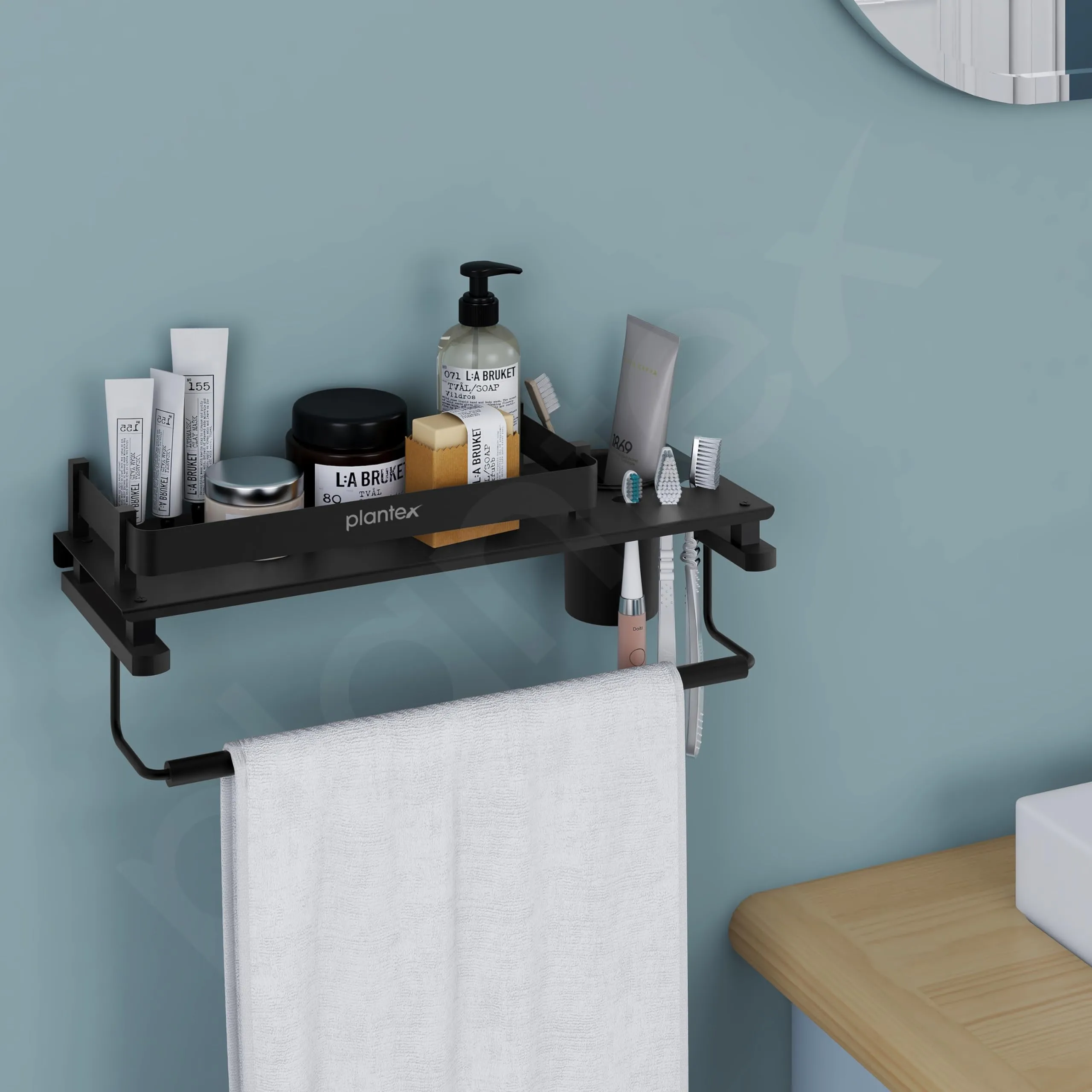 Plantex Stainless Steel Deluxe 3in1 Multipurpose Bathroom Shelf/Rack/Towel Hanger/Tumbler Holder/Bathroom Accessories - Wall Mount (15 x 6 Inches-Matt Black)