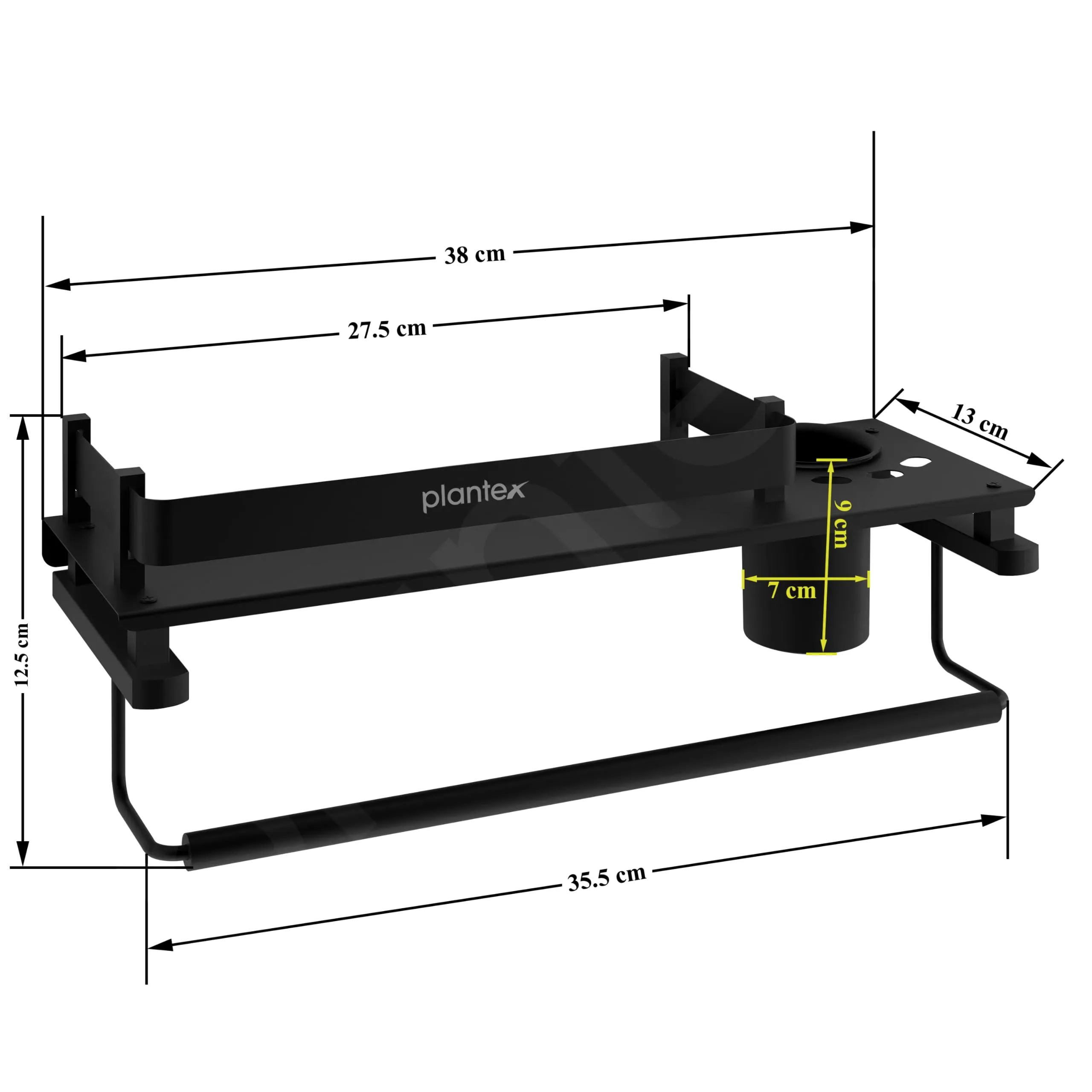 Plantex Stainless Steel Deluxe 3in1 Multipurpose Bathroom Shelf/Rack/Towel Hanger/Tumbler Holder/Bathroom Accessories - Wall Mount (15 x 6 Inches-Matt Black)