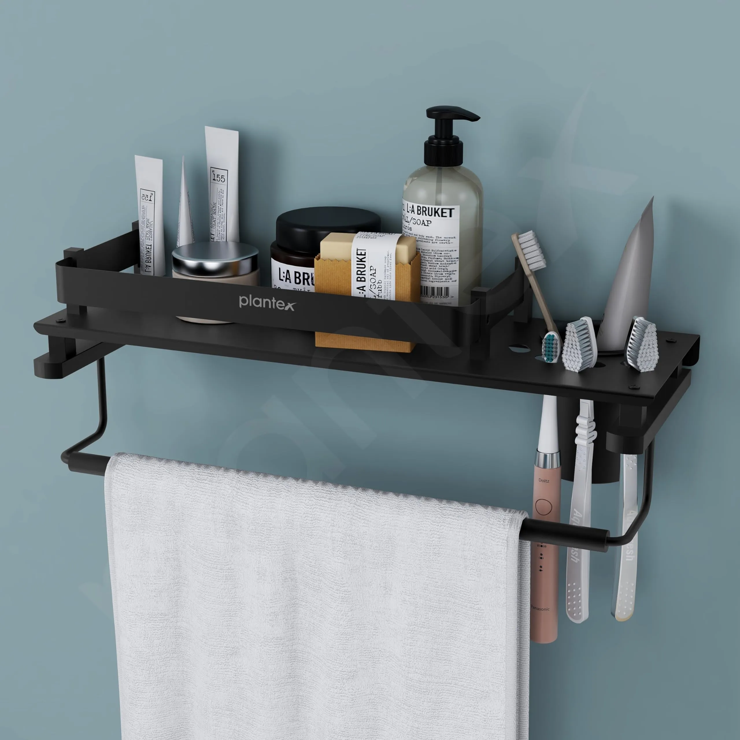 Plantex Stainless Steel Deluxe 3in1 Multipurpose Bathroom Shelf/Rack/Towel Hanger/Tumbler Holder/Bathroom Accessories - Wall Mount (15 x 6 Inches-Matt Black)