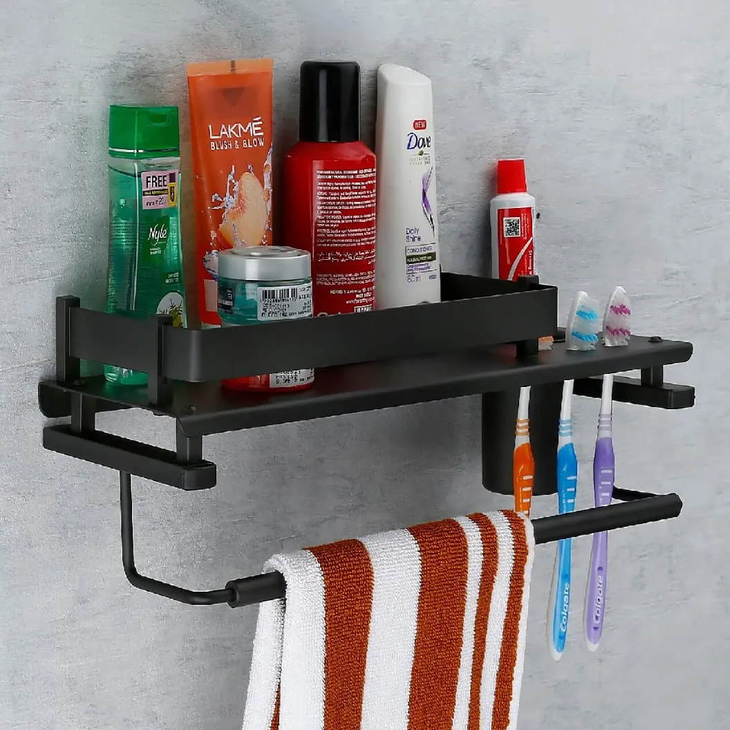 Plantex Stainless Steel Deluxe 3in1 Multipurpose Bathroom Shelf/Rack/Towel Hanger/Tumbler Holder/Bathroom Accessories - Wall Mount (15 x 6 Inches-Matt Black)