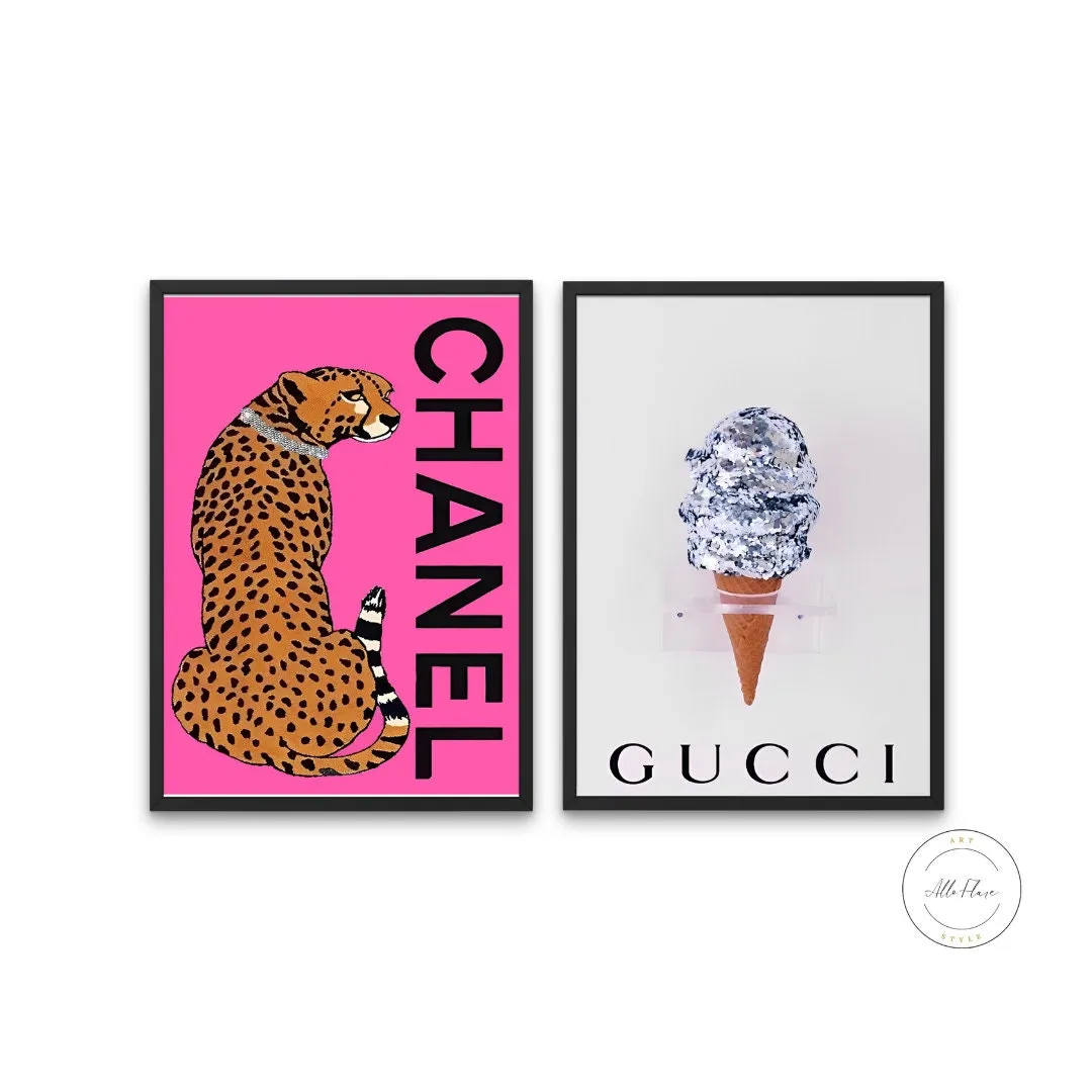 Preppy Designer Wall Art Set Of 2 PRINTABLE WALL ART, Fashion Wall Art Prints, Luxury Wall Art, Leopard Print Ice Cream, Hot Pink Wall Art