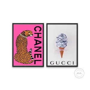 Preppy Designer Wall Art Set Of 2 PRINTABLE WALL ART, Fashion Wall Art Prints, Luxury Wall Art, Leopard Print Ice Cream, Hot Pink Wall Art