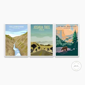 Set Of 3 Vintage National Parks Posters PRINTABLE ART, Yellowstone Joshua Tree Rocky Mountain, American National Park Wall Art, Vintage Travel Posters