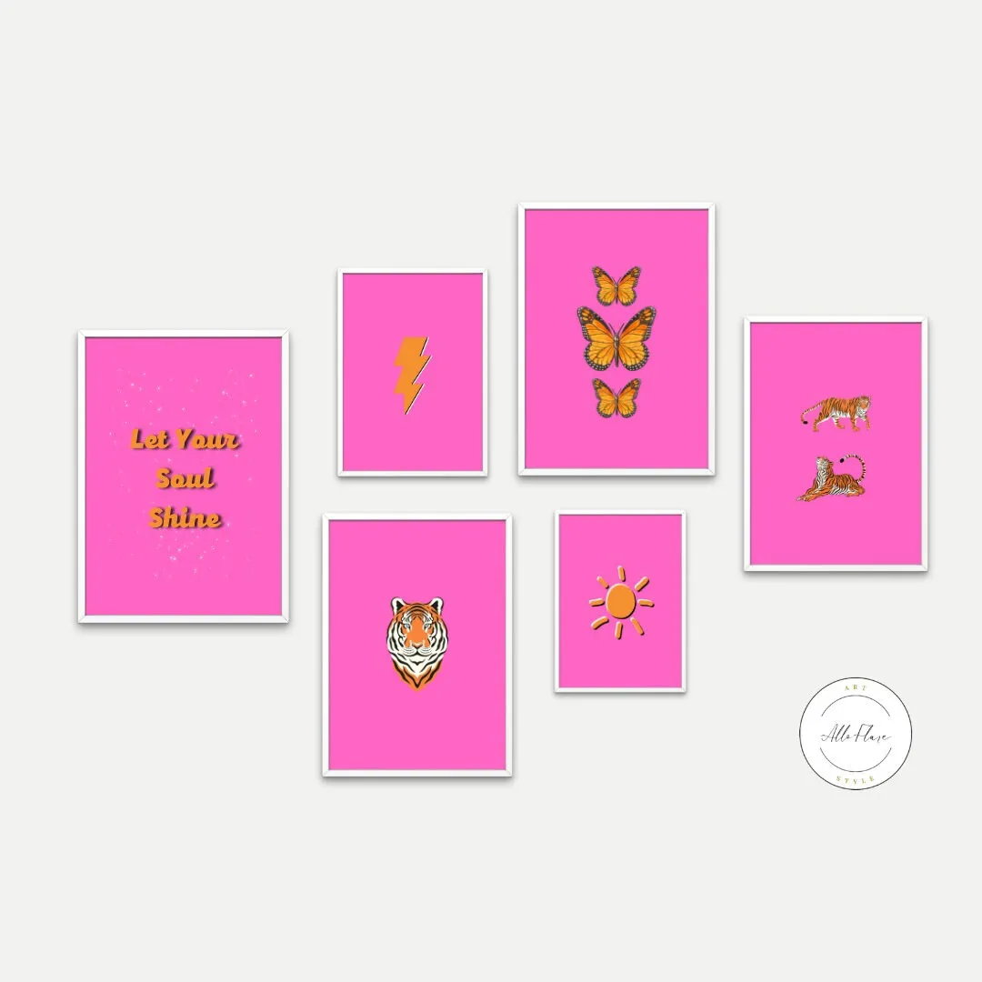 Set Of 6 Pink Preppy Gallery Wall PRINTABLE ART, Butterfly Tiger Sun, Girly Wall Art, Cheerful Color Prints, Preppy Wall Décor, Pink Wall Art