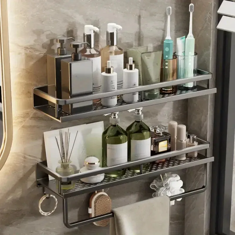 Space Aluminum Multifunctional Wall Mounted Bathroom Shelf Storage Rack Towel Bar Ideal For Bathroom Item Storage