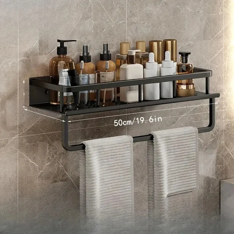 Space Aluminum Multifunctional Wall Mounted Bathroom Shelf Storage Rack Towel Bar Ideal For Bathroom Item Storage