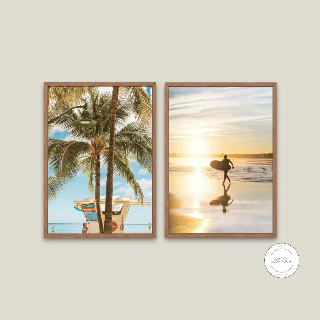 Sunset Surfer Wall Art Set Of 2 INSTANT DOWNLOAD Art Prints, Coastal Decor, Lifeguard Palm Tree Print, Surfboard Wall Decor