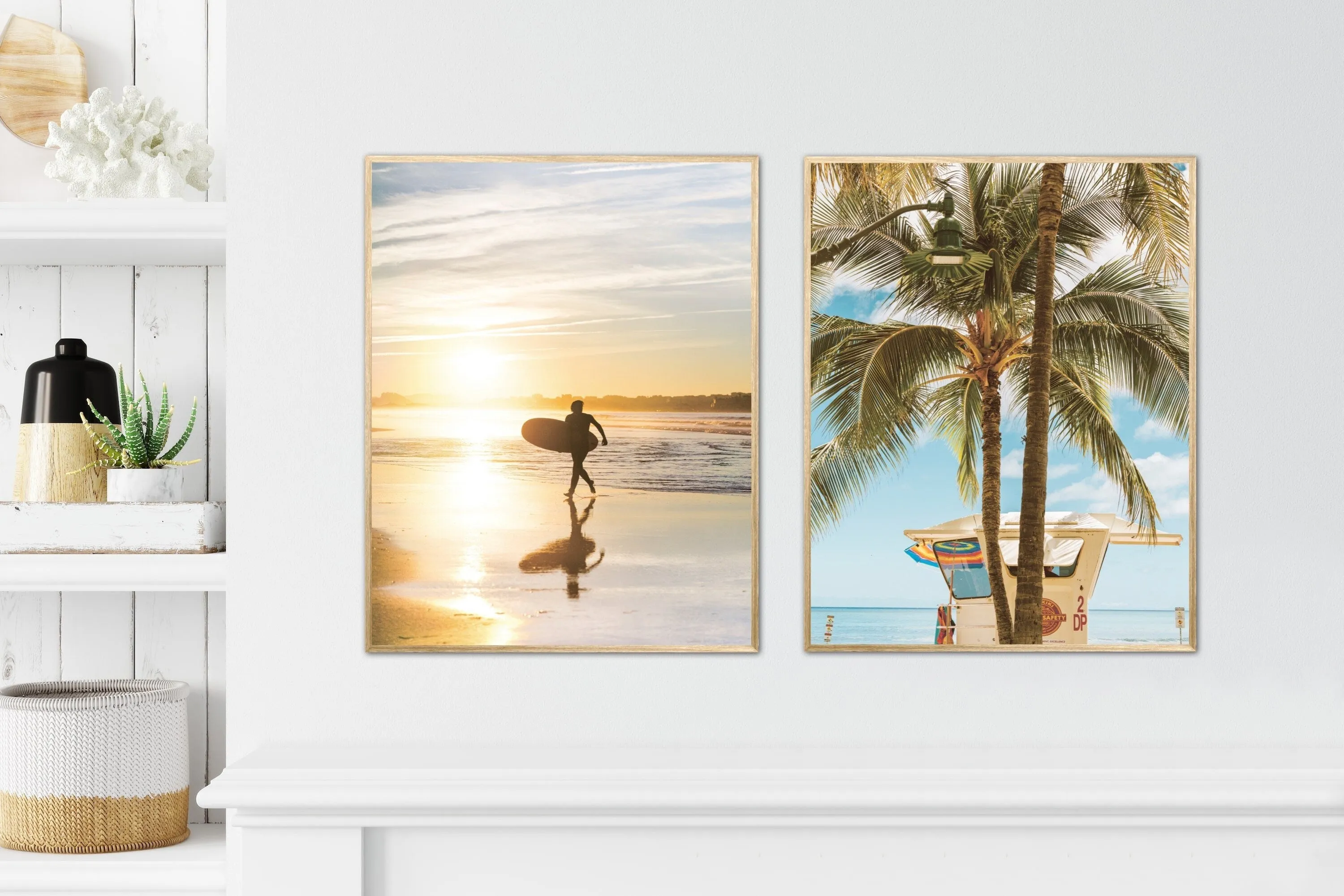 Sunset Surfer Wall Art Set Of 2 INSTANT DOWNLOAD Art Prints, Coastal Decor, Lifeguard Palm Tree Print, Surfboard Wall Decor