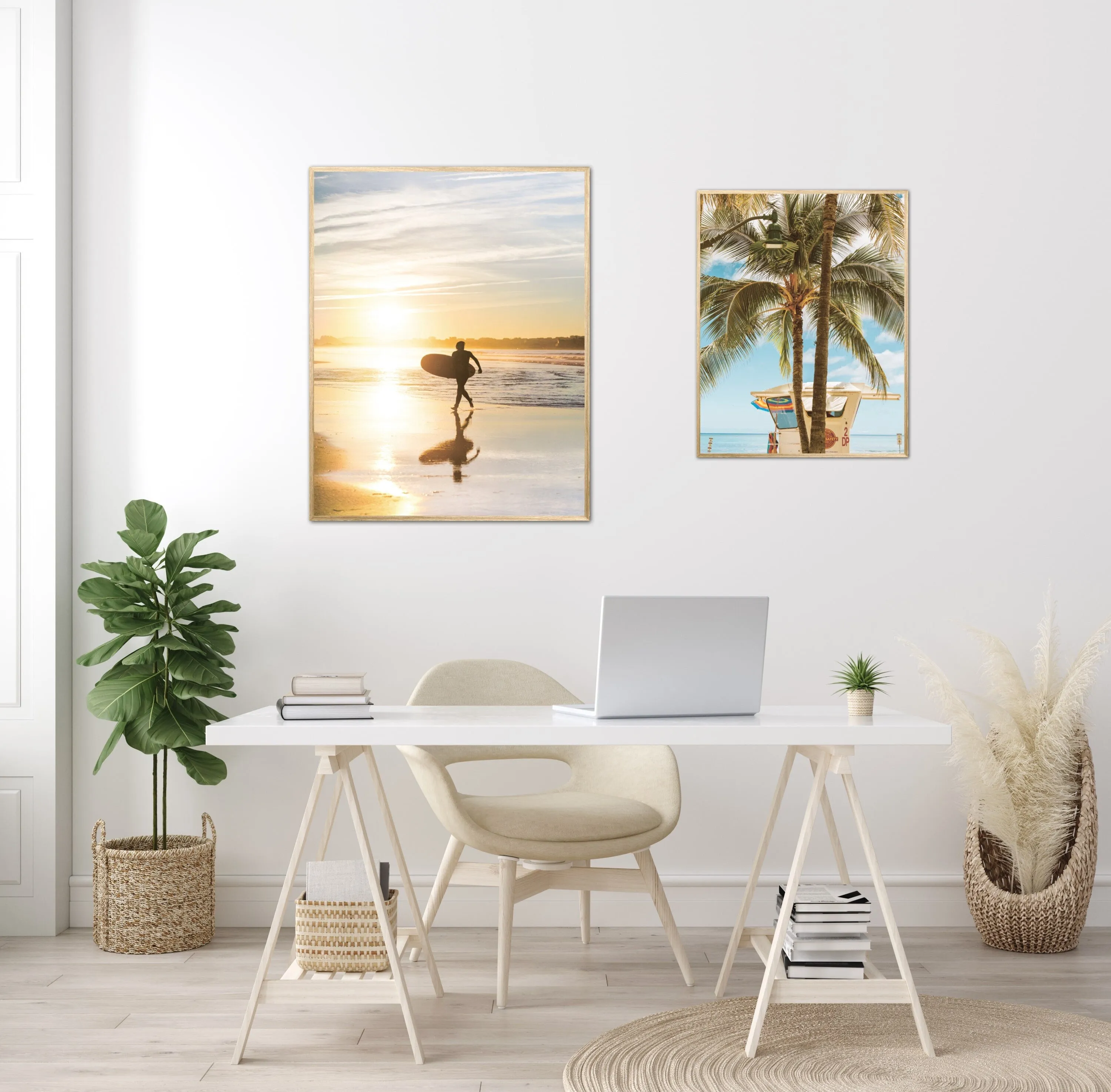 Sunset Surfer Wall Art Set Of 2 INSTANT DOWNLOAD Art Prints, Coastal Decor, Lifeguard Palm Tree Print, Surfboard Wall Decor