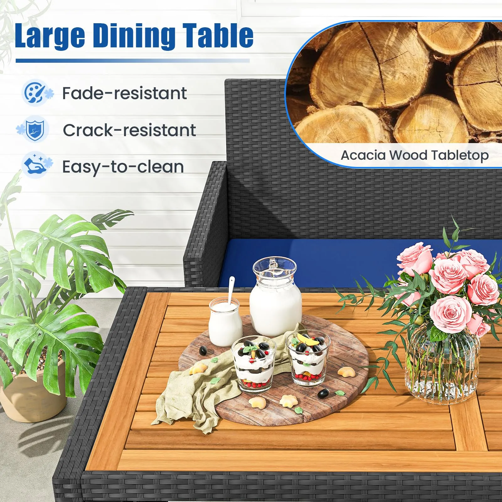 Tangkula 4 Pieces Patio Dining Set, Space Saving PE Rattan Loveseat with Acacia Wood Top Dining Table