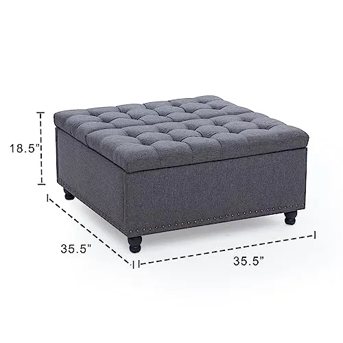 Tbfit Large Square Storage Ottoman Bench, Tufted Upholstered Coffee Table Ottoman with Storage, Oversized Storage Ottomans Toy Box for Living Room，Dark Grey