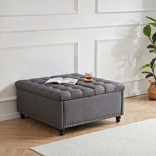 Tbfit Large Square Storage Ottoman Bench, Tufted Upholstered Coffee Table Ottoman with Storage, Oversized Storage Ottomans Toy Box for Living Room，Dark Grey