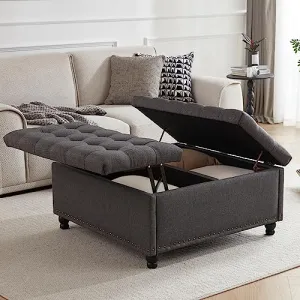 Tbfit Large Square Storage Ottoman Bench, Tufted Upholstered Coffee Table Ottoman with Storage, Oversized Storage Ottomans Toy Box for Living Room，Dark Grey