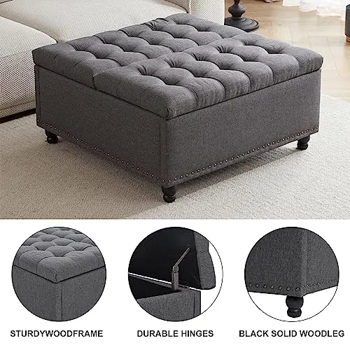 Tbfit Large Square Storage Ottoman Bench, Tufted Upholstered Coffee Table Ottoman with Storage, Oversized Storage Ottomans Toy Box for Living Room，Dark Grey