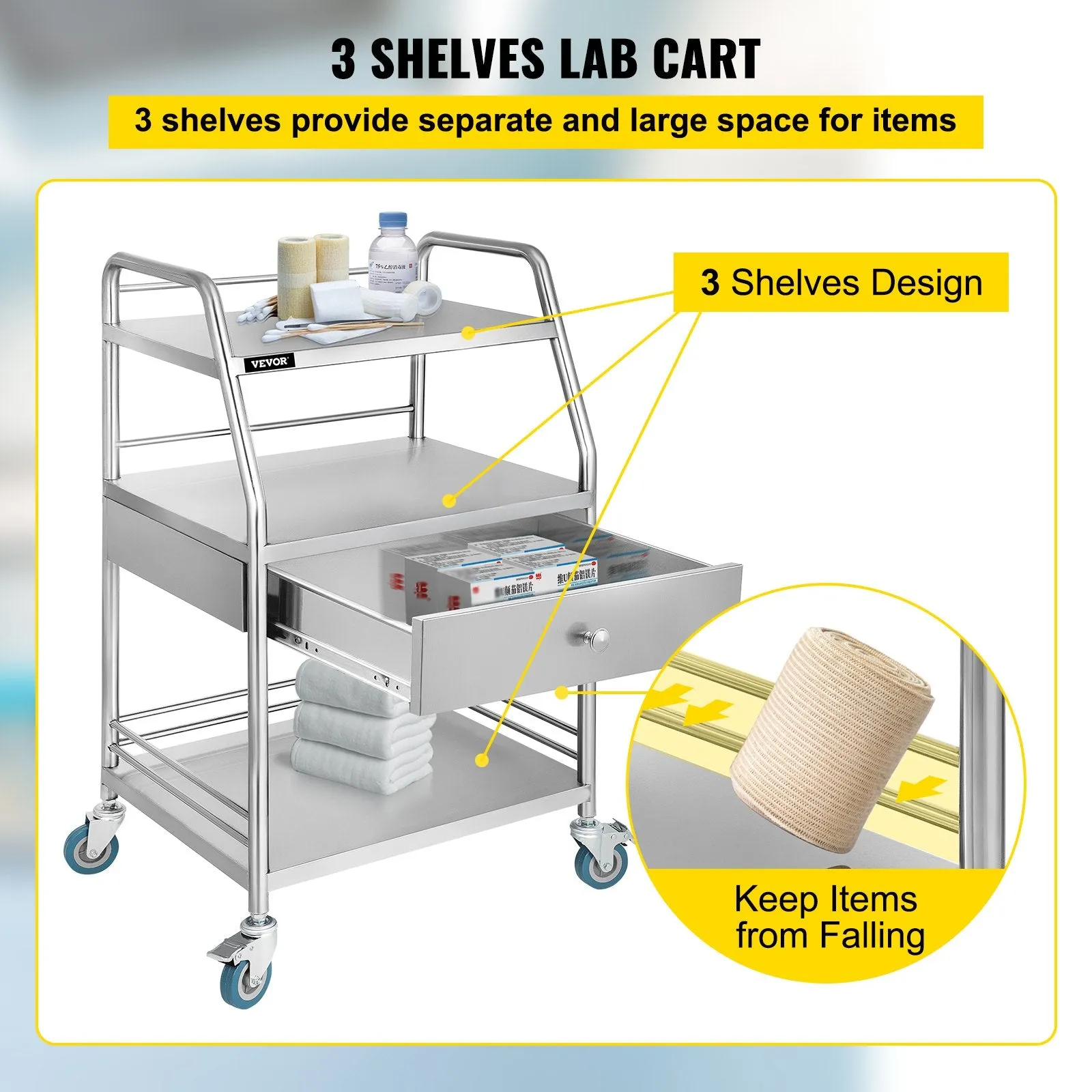 Vevor Lab Utility Cart with Wheels 3 Shelves 1 Drawer Stainless Steel New